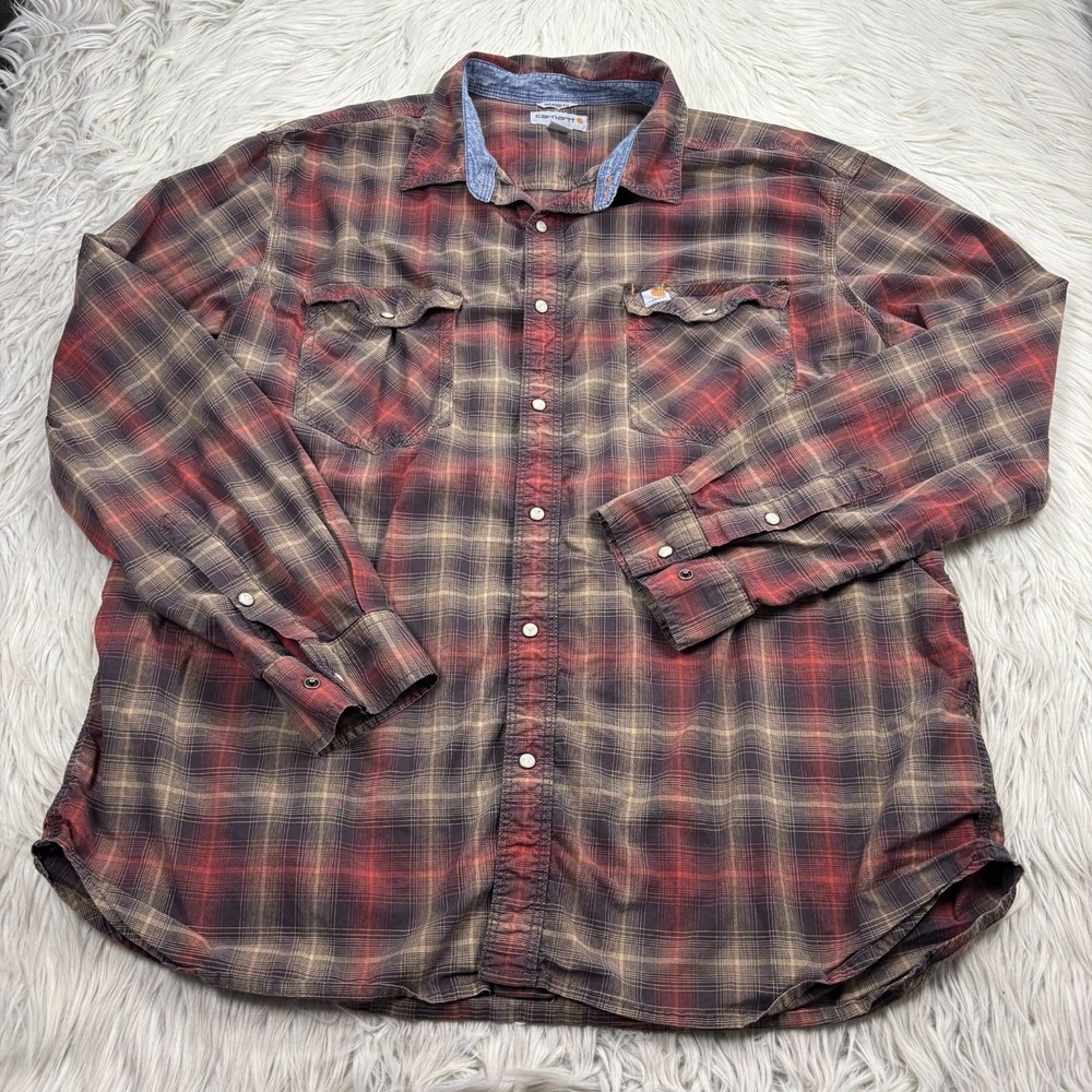 Carhartt Men's 2XL Relaxed Fit Plaid Pearl Snap Long Sleeve Shirt Western Workwe - Picture 1 of 8